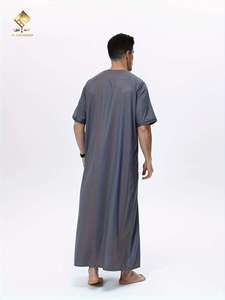 Al Haramain <b>Men</b> <b>Thobe</b> Short Sleeve Cotton Robe Solid Color Breathable Ankle Length Round Neck Middle Eastern Style Prayer Wear - Product Image 2