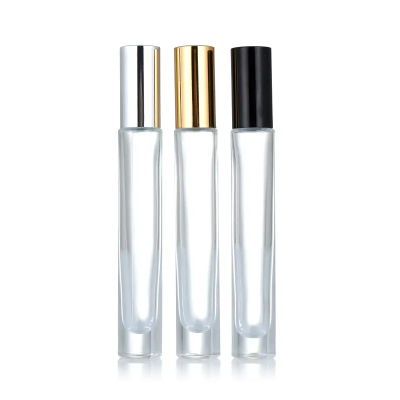 Flacon pulvérisateur de parfum vide rechargeable, rond, carré, transparent, en verre, avec vaporisateur noir, or et argent, 10ml