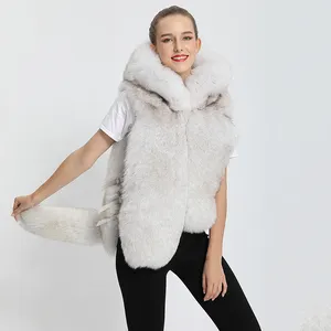 Wholesale Fashion Cute Women Fur Coat Winter Hooded Real Fox Fur Vest With Tail
