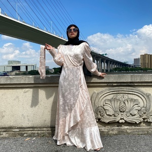 6572# Pretty Small Flowers Print V Neck Long Pleated Elastic Sleeves Special Bottom Fashion <b>Dress</b> Satin Material - Product Image 2