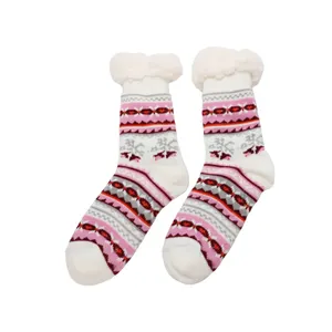 Calcetines rosas de nieve para mujer, calcetín de felpa para casa, pantuflas de invierno, medias de Navidad