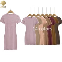 CNSHELL Robe Décontractée Col Rond Manches Courtes pour Femme, Cintrée, Longueur Mini, Ourlet Évasé en Côtelé Modal