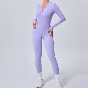 Combinaison de yoga unie à manches longues pour femme, automne-hiver, avec fermeture éclair frontale, respirante, taille haute, effet push-up, tenue de sport 1 pièce - Product Image 5