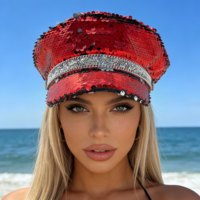 Chapeau de Capitaine de Luxe Rouge à Paillettes et Strass pour Fêtes, Vente en Gros, 3 MOQ, Personnalisé, Unisexe, Plage, Extérieur, Quatre Saisons