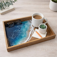 Plateau de service en bois avec poignées, plateau de service pour aliments et petit-déjeuner, plateau en résine motif vague marine pour table basse, logo personnalisé, boîte de nuit