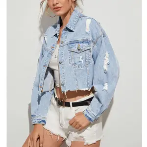 Veste en jean bleu courte pour femmes, vêtements pour femmes, coupe courte, épaules nues, nouvelle collection