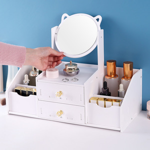 Cosmetic Storage Box With <b>Mirror</b> Desktop Vanity Organizer Rotating Creative Makeup Holder For Bedroom Dormitory - Product Image 2