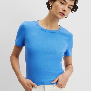 Chemise courte femme col rond décontracté à la mode personnalisé confortable 100% coton mélangé Crop Rib T-Shirt femme - Product Image 3