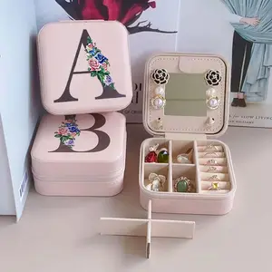 Women Bride Gift Custom Letter Logo Pink Square Leather Ring Necklace Jewelry Case Organizer Floral Initial Mirror Jewelry Box