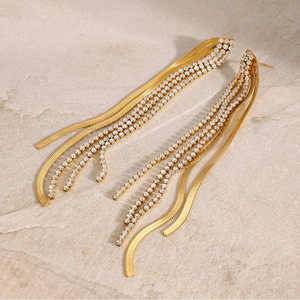Elegant Tassel Drop Earrings Gold Rhinestone Channel Setting Party Jewelry <b>Titanium</b> Steel <b>Studs</b> Long Fringe Fashion Earrings - Product Image 1
