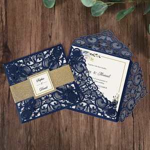Carte d'invitation de mariage découpée au Laser en papier <span class=keywords><strong>bleu</strong></span> <span class=keywords><strong>marine</strong></span> à paillettes carrées avec décoration de mariage personnalisée, fournitures de fête - Product Image 1