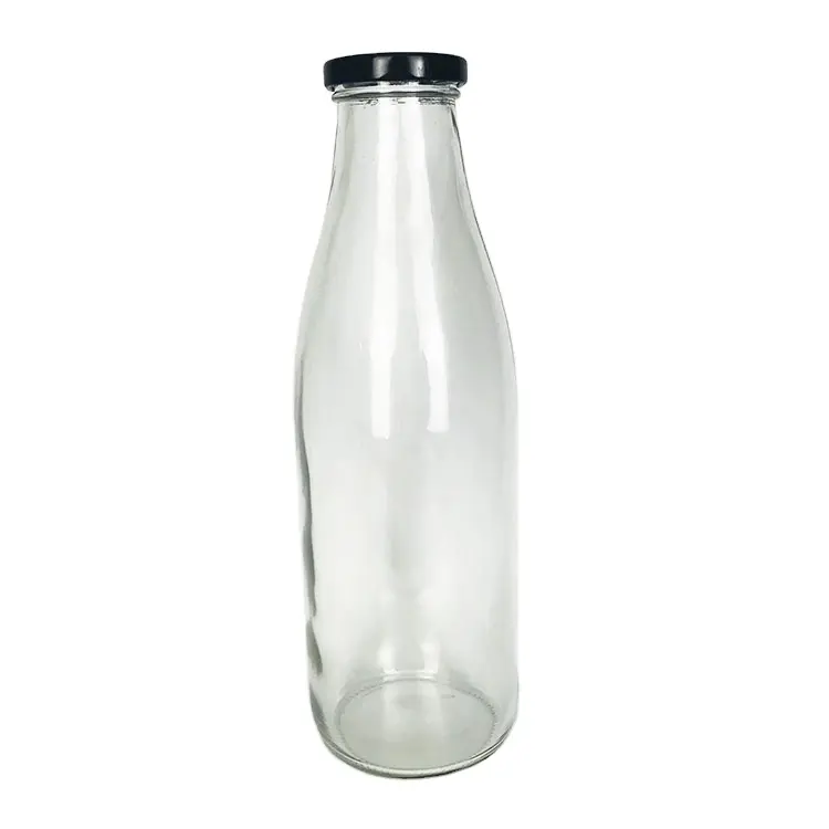 Botella de leche de cristal con tapa de metal, 1 L, forma redonda, precio de fábrica