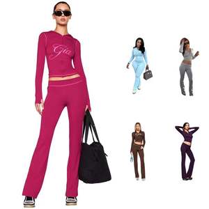 Conjunto de Dos Piezas para Mujer, Sudadera con Cremallera, Top Corto de Manga Larga, Pantalones Ajustados Acampanados - Product Image 1