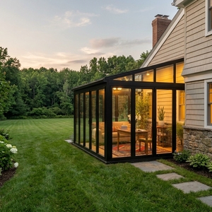 Véranda extérieure préfabriquée moderne avec toit en verre trempé double Low-E et structure en alliage <span class=keywords><strong>d</strong></span>'aluminium – Solution économique pour chambre et villa - Product Image 1
