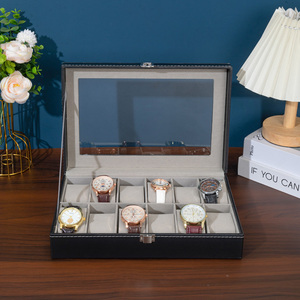 Boîte de présentation de montre en cuir PU rétro à 12 fentes avec grande fenêtre mallette de rangement grise pour montres - Product Image 4