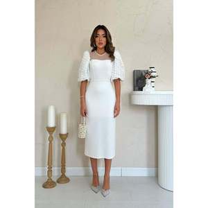 Robe de soirée blanc cassé en gros avec détails en tulle orné de perles - Product Image 5