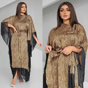 Abaya Dubai 2024 Turtleneck Dolman Long Sleeve Tassel Kaftan Leopard Print Dress Abaya Women Muslim Dress Cheapest