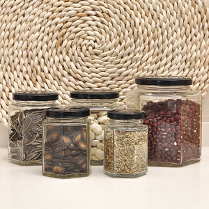 Hexagonal Glass <b>Jars</b> <b>With</b> <b>Lids</b> 501-800Ml Food Storage Container For Honey Jam Vegetables Snacks - Product Image 1