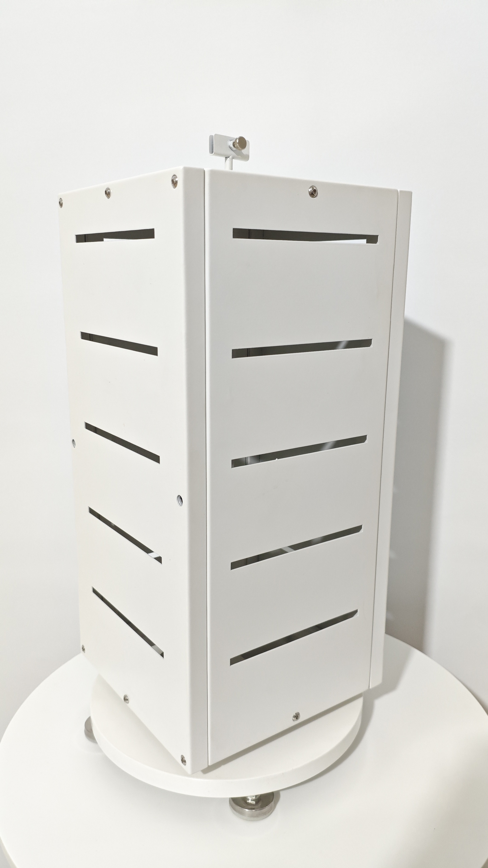 Hair Ornaments Portable Display Stand White Rotational Tube Metal Counter Top Racks Round Base Shelf Long Pegs Minimalist Design — view 2