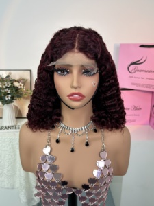 Precio al por mayor: Peluca de lujo 5x5 con cierre, cabello humano virgen birmano rizado color vino, sin pegamento, negro. - Product Image 1