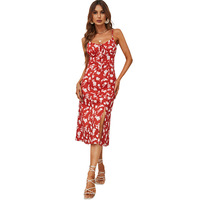 Vestido sexy com estampa floral, de 2022, para a primavera, verão, vermelho, alça espaguete, boho, festa na praia, vestido feminino