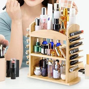 Wooden Cosmetic <b>Storage</b> Rack 3 Tier Desktop Organizer For Makeup Brushes Skincare Products Eco Friendly Bamboo Material - Product Image 1