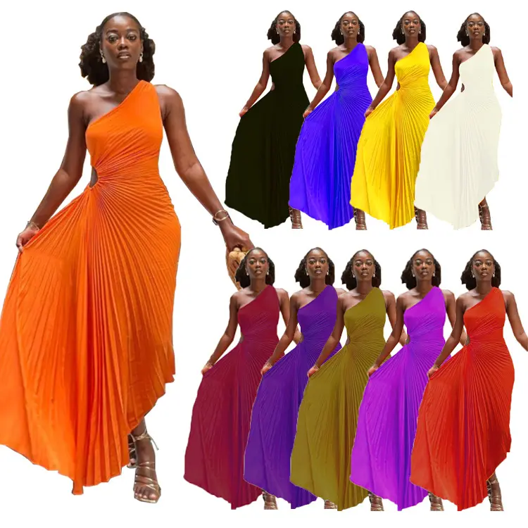10 Farben eine Schulter plissiert langes Kleid Frauen große Größe S-XXXL sexy Party kleider