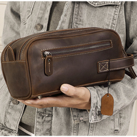Trousse de Toilette Homme Premium en Cuir Véritable Crazy Horse avec Poignée et Double Fermeture Éclair – Sac Cosmétique pour Hommes