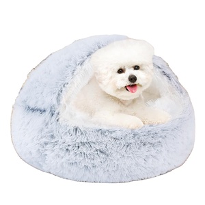 Coussin pour chien moelleux à capuche, fond antidérapant, luxe, forme donut, motif uni, 100% coton, amovible, lavable, respirant, toutes saisons - Product Image 1