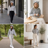 Hoodie court à oreilles de chat pour femme, manches longues, couleur unie, style vintage, broderie 3D, sequins, mignon, streetwear pour filles, hiver