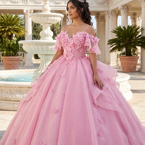 LSBB43 Modern Pink <b>Glitter</b> Beading Lace Crystal Natural Waistline Sweetheart Appliqued Flower Quinceanera <b>Ball</b> Gowns Dress - Product Image 1