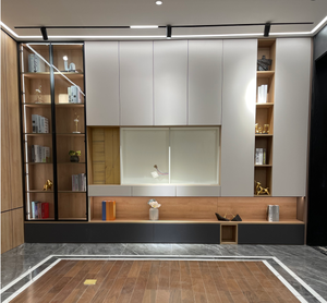 Armadio Moderno in Melamina Effetto Legno con Ante in Legno Massello, Indipendente e <span class=keywords><strong>Salvaspazio</strong></span>, Arredamento per <span class=keywords><strong>Camera</strong></span> <span class=keywords><strong>da</strong></span> <span class=keywords><strong>Letto</strong></span>, Ufficio e Villa - Product Image 2