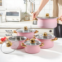 Batterie de cuisine de luxe en acier inoxydable triple couche, sans revêtement, avec couvercles et fenêtre de visualisation en verre, compatible tous feux, design moderne, casserole rose