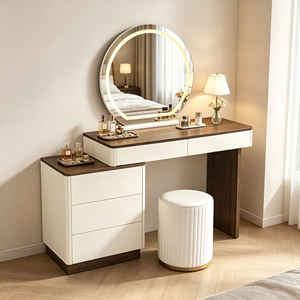 Tocador de maquillaje moderno blanco con espejo LED redondo, gabinete de almacenamiento y taburete para dormitorio. - Product Image 1