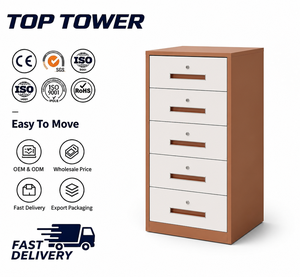 Cassettiera Verticale a 5 Cassetti Bianca e Marrone con Maniglia in Legno, Mobile Contenitore con Ruote e Serrature per Arredamento Ufficio Domestico - Product Image 1