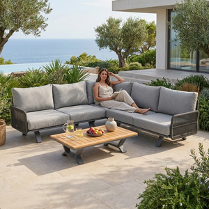 Juego de Sofás de Exterior en Forma de L, Moderno y de Lujo, con Cojines de Olefina de 13 cm de Grosor, <span class=keywords><strong>Muebles</strong></span> de Esquina con Cuerda de Aluminio Tejida, Mesa de Madera Plástica - Product Image 2