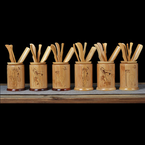 Ensemble de six accessoires pour cérémonie du thé en bambou avec couvercle, forme cylindrique, écologique, pour le thé de l'après-midi - Product Image 4