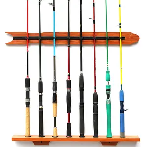 Mount Wooden Custom Racks Hanging Display Holder Stand Mini Oem Vertical 8 Rods Wall Mounted Fishing Rod Rack