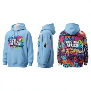 Custom Design Graffiti Print Men's Casual Light <b>Blue</b> Hoodie Oversized Fit 100% Polyester French Terry Knitted Winter Streetwear - Product Image 1