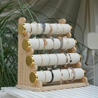Présentoir à montres et bracelets en bois de bambou, lumineux, détachable, avec support en velours beige à trois niveaux pour bijoux