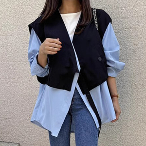Giacca da <span class=keywords><strong>donna</strong></span> autunnale 2026 all'ingrosso, stile francese, scollo a V, vestibilità ampia e versatile, con abbinamento di colori e giacca finta due pezzi - Product Image 1