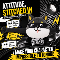 Peluche chien noir de dessin animé avec lunettes de soleil, nœud papillon et pose à bras larges pour collections personnalisées
