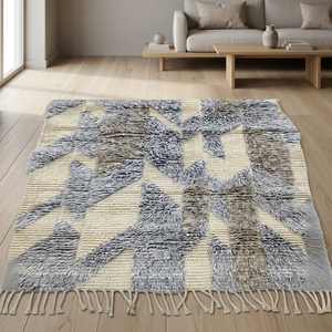 Tapis géométrique marocain fait main, rectangulaire, en laine N/Z, à poils longs, style bohème, avec envers en coton, épaisseur moyenne, pour salon - Product Image 2
