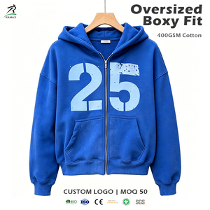 Custom Distressed Number Print <b>Zip</b> Up Hoodie Men Oversized Boxy Fit Blue Full <b>Zip</b> <b>Hooded</b> Jacket Custom Logo Streetwear - Product Image 1
