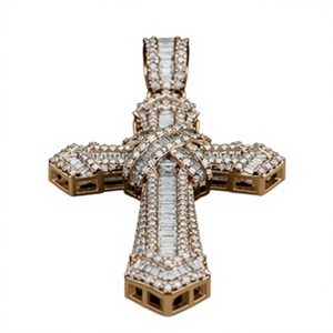 Pendentif Croix Moissanite Iced Out avec Tailles Baguette et Rondes en Argent Sterling Plaqué Or Style Hip Hop - Product Image 4