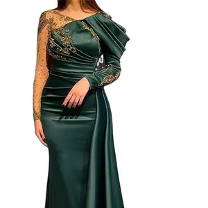 Dark Green Long Sleeves Beads Mermaid Evening Dress With Appliques