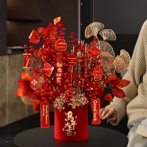 Arreglo Floral de Frutos Rojos en Cubeta, Decoraciones para el Festival de Primavera, Año Nuevo, Inauguración de Casa, Material PVC, Diseño Biónico, Estilo Chino Moderno - Product Image 1