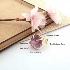 แหวนพลอยที่ยังไม่ได้ตัด แหวนสีม่วงอเมทิสต์รูปลักษณ์หยาบธรรมชาติ แหวนปรับได้ ชุบทอง 18k แหวนหินเกิดเดือนกุมภาพันธ์วงสองชั้น - Product Image 1