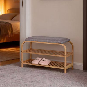 Double Layer Shoe Changing <b>Stool</b> With Storage For Entryway Home Use <b>Bamboo</b> Footrest Bench - Product Image 2