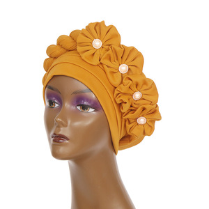 Q30687 fausse perle et nœud décor tête enveloppement musulman espace couche chapeau africain nigérian Turban Gele <span class=keywords><strong>tresse</strong></span> Turbans casquettes - Product Image 5